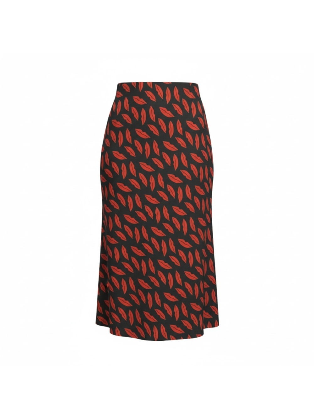 Size L Women's Ann Taylor Factory Black Red Lips Satin Elastic Waist Midi Skirt - Picture 1 of 7